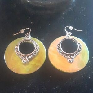 Iridescent Gold and Silver Green  Earrings with Ornate Design